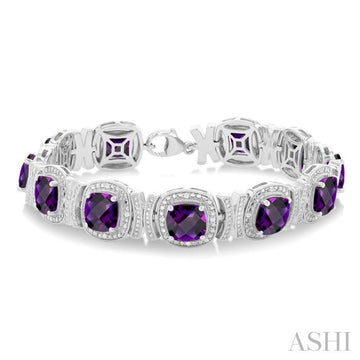 7X7 MM Cushion Shape Amethyst and 1/10 Ctw Round Cut Diamond Semi-Precious Bracelet in Sterling Silver